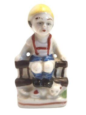 Vintage Mini Hand-Painted Porcelain Figurine Of A Boy Sitting On A Bench READ